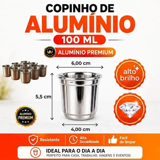 KIT 5 COPINHOS DE ALUMÍNIO POLIDOS 100 ML