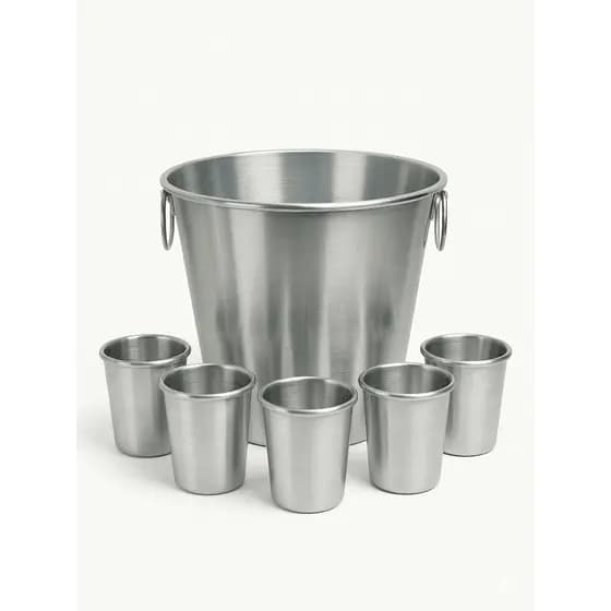 Kit Conjunto Balde De Gelo 3 Litros COM 5 Copos De Alumínio Escovado 200ml Bar Festa Cerveja Drink