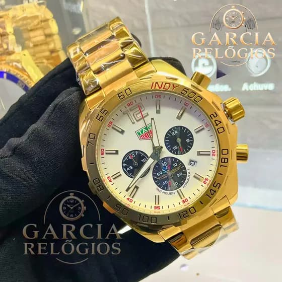 Relógio Masculino Indy Esportivo Dourado com Mostrador Branco 100% FUNCIONAL