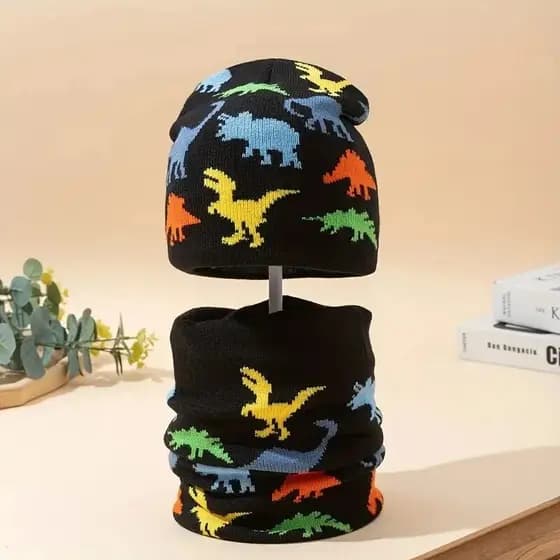 Conjunto de Gorro e Cachecol com Estampa de Dinossauro para Crianças 1-4 anos