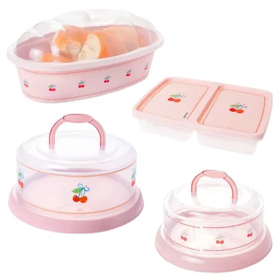 Porta Pão + Queijeira + Porta Presunto e Queijo + Boleira - Plasútil ROSA - Coleção CEREJAS