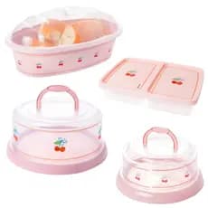 Porta Pão + Queijeira + Porta Presunto e Queijo + Boleira - Plasútil ROSA - Coleção CEREJAS