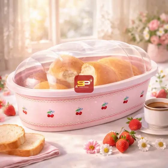 Porta Pão com Tampa Transparente Decorado Cerejinhas – Organizador para Pães e Alimentos PLASÚTIL