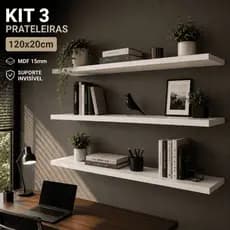 Kit 3 Prateleiras de Parede Flutuante 120x20cm Branca MDF Suporte Invisível Decorativa Sala Quarto