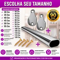 Kit Tubo Cabideiro Oval Cromado Arara Guarda Roupa Closet Com Suportes 20 a 120cm