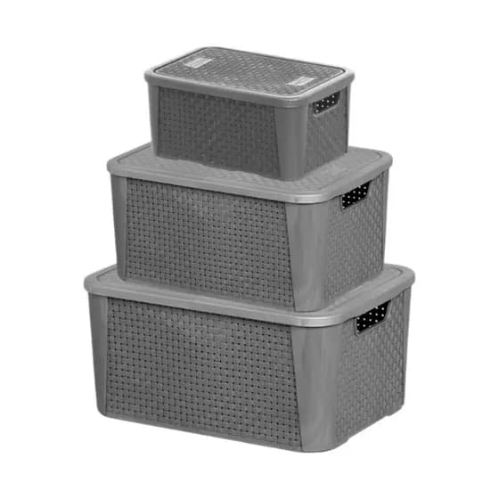 Kit 3 Caixas Organizadoras Tampa Rattan Retangular Cinza