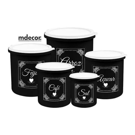 Kit 5 Potes/mantimentos Plástico Decorado Preto Coração