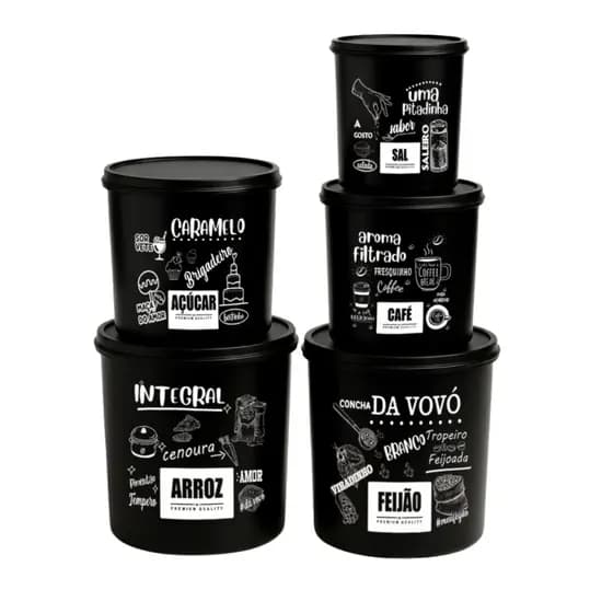 Kit 5 Potes de Mantimentos Plástico Preto PB Frases