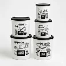 Kit 5 Potes de Mantimentos Plástico Decorado Branco PB Frases