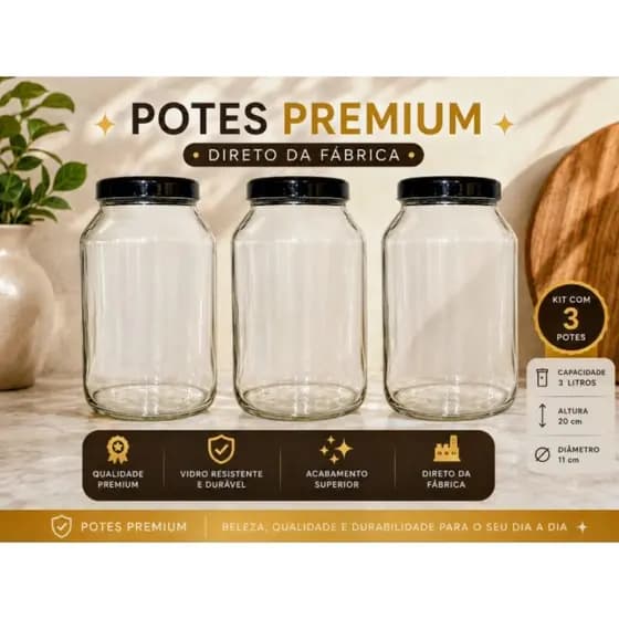 Kit 3 Potes PREMIUM 3 Litros Vidro Tampa Rosca Organizadores Cozinha