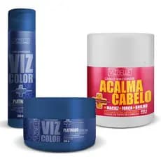 Shampoo Matizante Platinado + Máscara Matizante Efeito Platinado + Máscara Acalma Cabelo Vizbelle