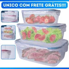 Kit 3 Potes Herméticos de Plástico c/ Lacre Trava Alta Vedação de Silicone 500 ML /1.000 ML /1.500ML