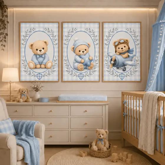 Trio Quadros MDF Bebê Menino Ursinho Aviador Azul Decoração Infantil
