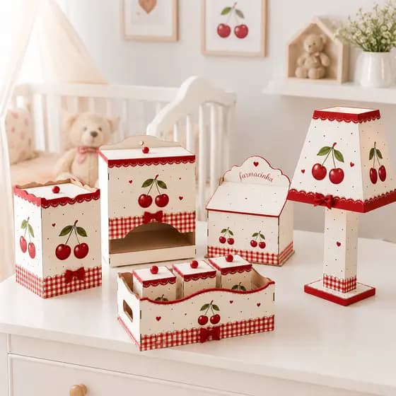 Kit Higiene Bebê MDF 8 Peças Tema Cereja Completo Quarto Bebê Menina
