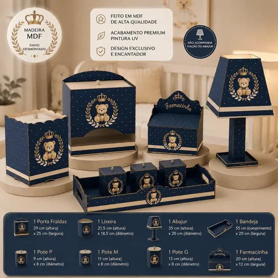 Kit Higiene Bebê Ursinho Rei 8 Peças MDF Decorado Completo Quarto Infantil Luxo