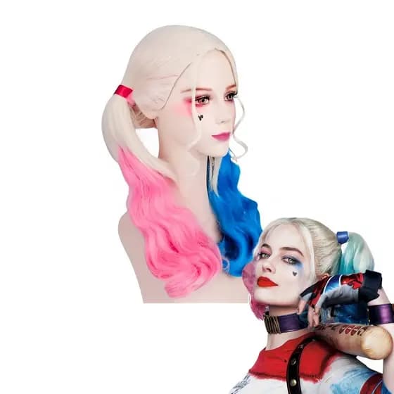 Peruca Alerquina Harley Quinn Colorida Rosa e Azul Halloween