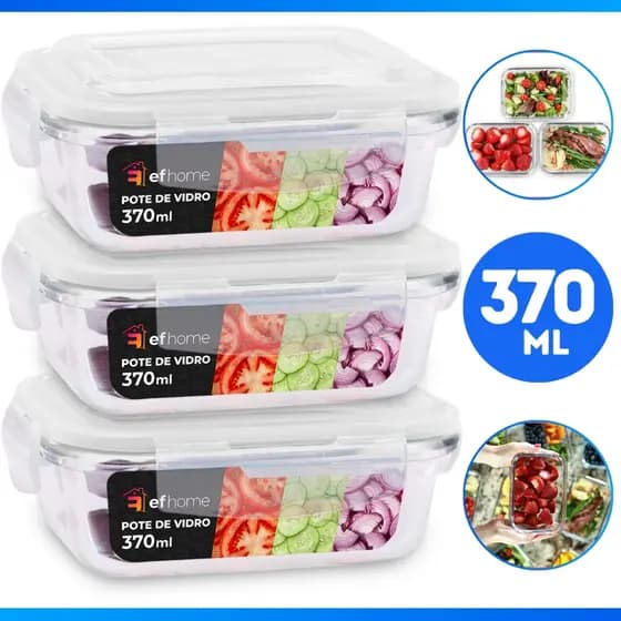 Kit 3 Pote de Vidro Hermético Borossilicato 370ml Marmita Fitness Freezer Microondas - OFERTA!