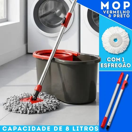 Mop Girátorio Cleaner Profissional – Balde com Centrífuga 8L + Refil e Cabo Reforçado