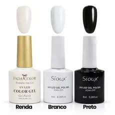 3 Esmaltes em Gel UV LED Fada Color + Sioux Branco Preto Renda Profissional Manicure