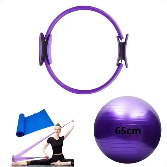 Bola Pilates 65 cm + Faixa Elástica + Anel band Gestante Idoso Cross Personal Fortalecimento