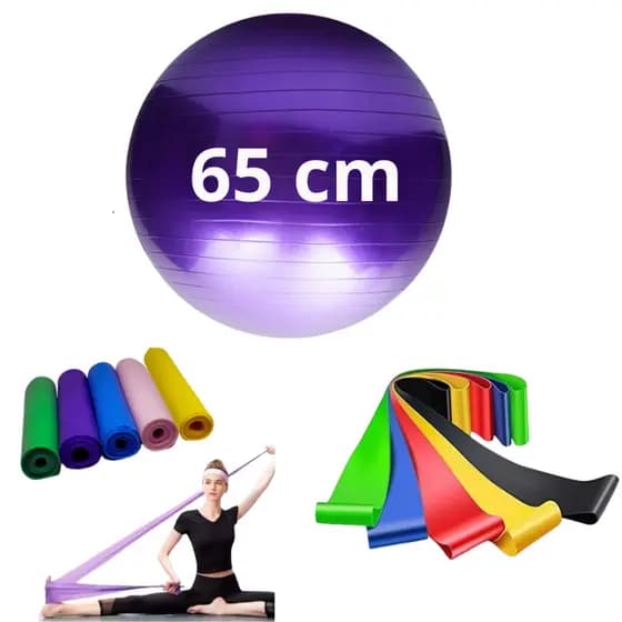 Bola Suiça Pilates Fisio 65cm + Faixa Elastica + 5 Mini Band Thera Funcional Yoga Academia Treino