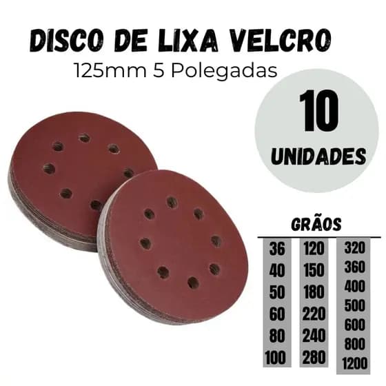 10 Discos de lixa Rokit com pluma/base aderente 5 furos, 125mm para ferro, madeira
