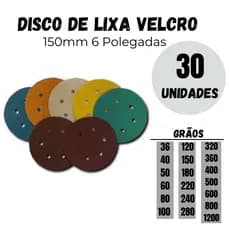 Kit 30 Disco Lixa Velcro 150mm 6 Furos Lixadeira Roto Orbital para Ferro Metal Madeira e Massa