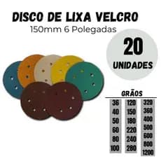 Kit 20 Discos Lixa Velcro 150mm 6 Furos Lixadeira Roto Orbital para Ferro Metal Madeira e Massa