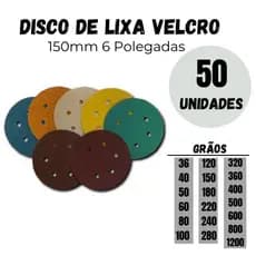 Kit 50 Discos Lixa Velcro 150mm 6 Furos Lixadeira Roto Orbital para Ferro Metal Madeira e Massa