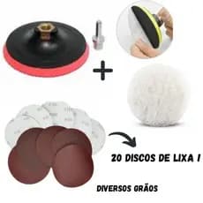 Kit Suporte Com Base Aderente + 20 Discos De Lixa + Boina de lã 125mm