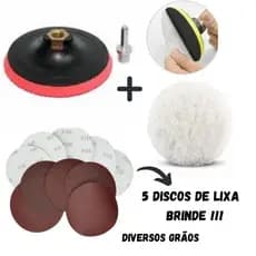 Kit suporte com base aderente 125mm C/ adaptador para furadeira + 5 discos de lixa + boina de lã 5¨
