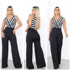 Macacão Feminino  Pantalona Canelado c/ Decote V
