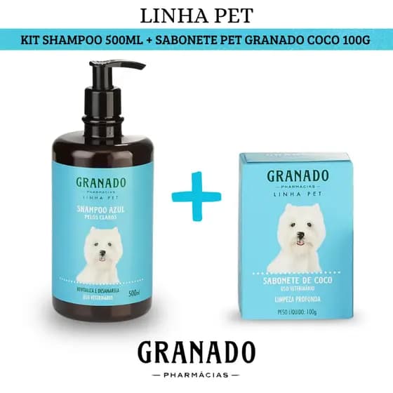 Kit Shampoo Azul Granado Linha Pet Pelos Claros 500ml + Sabonete de Coco Granado Linha Pet Em barra 100g