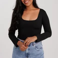 Cropped Decote Quadrado Manga Longa em Poliamida