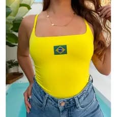 Regata Alça Fina  Forrada Brasil Copa do Mundo Fitness Blusa Feminino Liso Poliamida  Camiseta Academia Verão