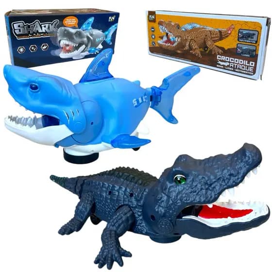 Brinquedo Interativo Tubarão e Crocodilo – Anda, Emite Sons, Luzes Marinho e Selva