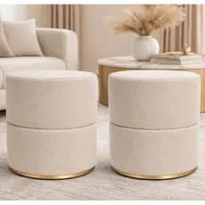 Kit Puff Redondo Banqueta Chique Decorar Sala/Quarto Lojas Linho Bege