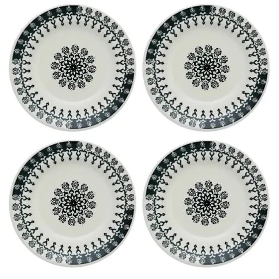 Kit Jogo 4 Pratos Sobremesa Biona Folk em Cerâmica Decorada 18 cm - Oxford