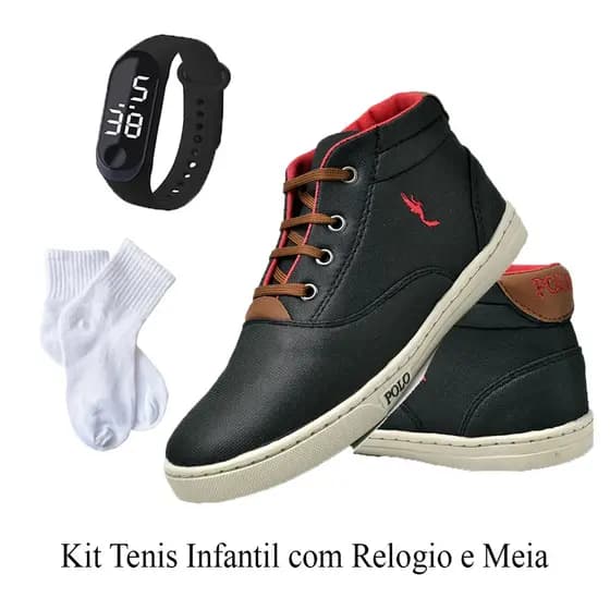 Tênis Casual Masculino Infantil Juvenil Menino Preto Meia e Relógio Digital do 27 ao 36