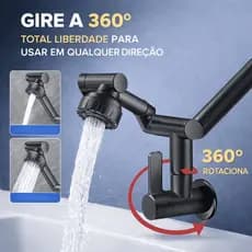 Torneira 360° Giratória Braço Robótico Preta de Parede Cozinha Banheiro Dois Modos