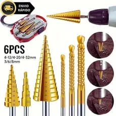 Kit com 6 Brocas Titânio Escalonada Amarela Aço e Broca Corte Lateral Com Marcador Punção em Caixa