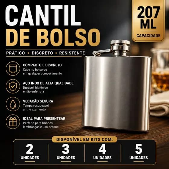 Kit Cantil De Bolso 207ml Porta Bebida Aço Inox Não Realizamos Personalização