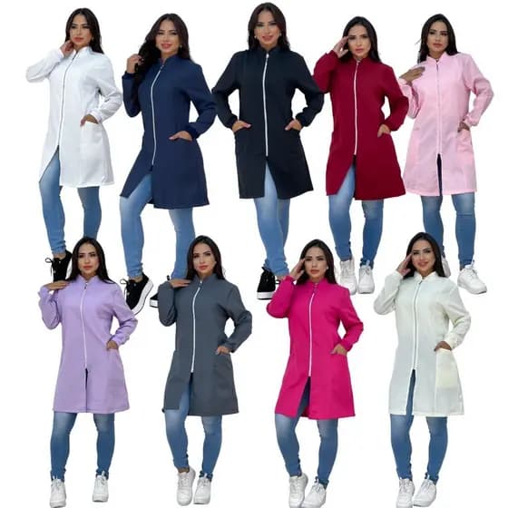 Jaleco Feminino Com Zíper Manga Longa Bolso Lateral Gola Padre Caimento Acinturado Tecido Premium