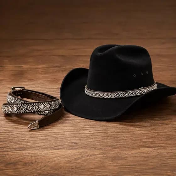 Bandinha De Chapéu Country Strass Prata Couro Legítimo Ref 006