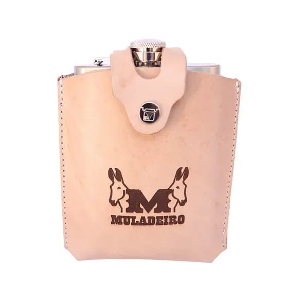 Porta Bebida Uisque Couro Legítimo Muladeiro + Cantil Inox 8 Oz