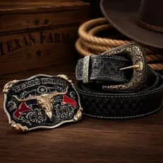 Kit Cinto Country Entalhado Couro Legítimo + Fivela Cowboy Texas Farm