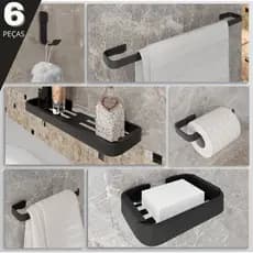 Kit Suportes Organizadores Para Shampoo Sabonete Papel e Toalha Banheiro Moderno Preto Fosco