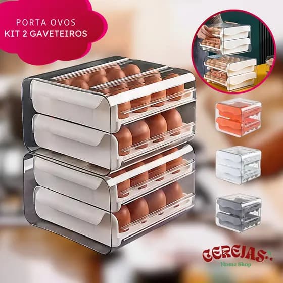 KIT 2 Porta Ovos Gaveteiro 2 Andares Organizador Geladeira Empilhável 64 Ovos