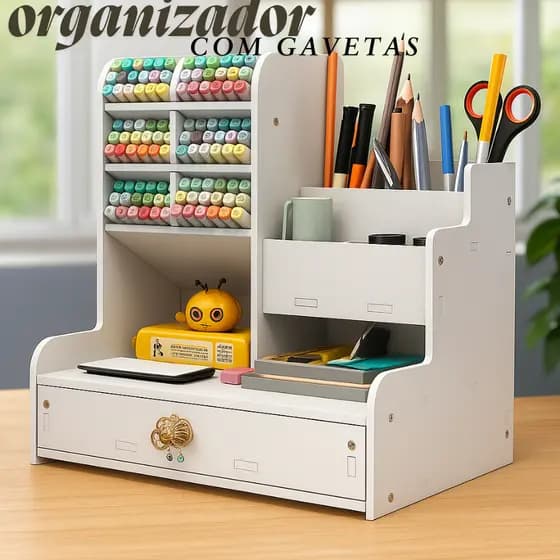 Organizador de Escritório em MDF com Gaveta e Porta-Canetas
