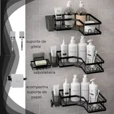 Kit Suporte para Shampoo Sabonete e Papel Higiênico com Prateleiras para Banheiro Sem Furo